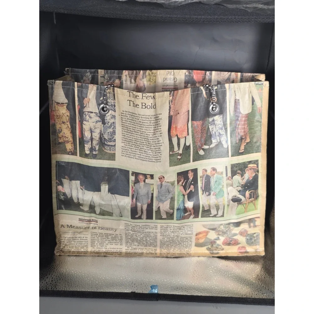 Vintage Y2K Newspaper Print Coated Tote Bag Silver Ball Chain Handle Shopper